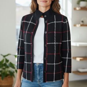 Talbots Women’s Plaid Sweater Cardigan Black Red and White Button Up Size Lg
